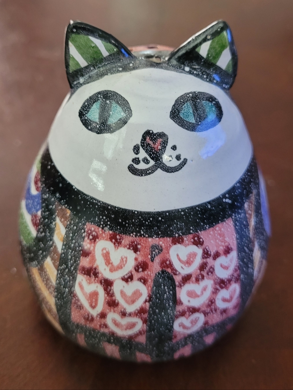 Hand-Painted Ceramic Cat Salt Shaker  in White, Pink, Black. Sigjned By Artist.